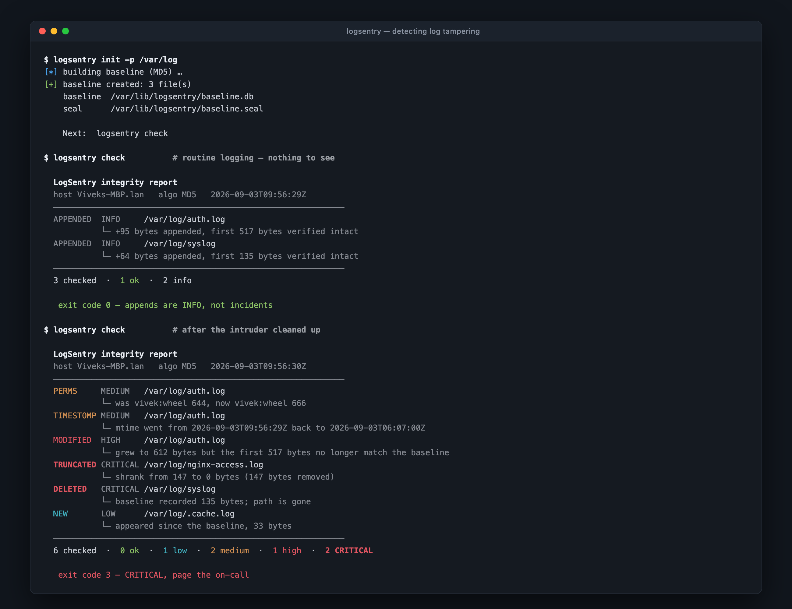LogSentry detecting six kinds of log tampering in a terminal